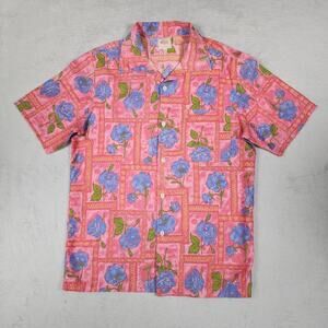 Vintage Heavy Camp Shirt Mens M Pink Blue Rose Floral Button Up USA Made